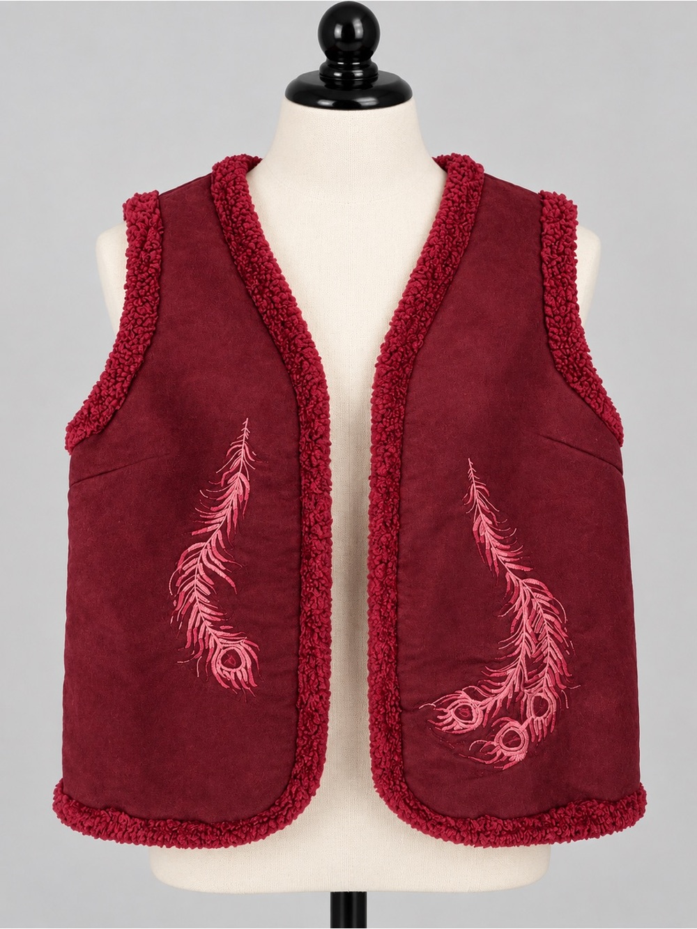 Burgundy Embroidered Boho Vest Sherpa Trim XL